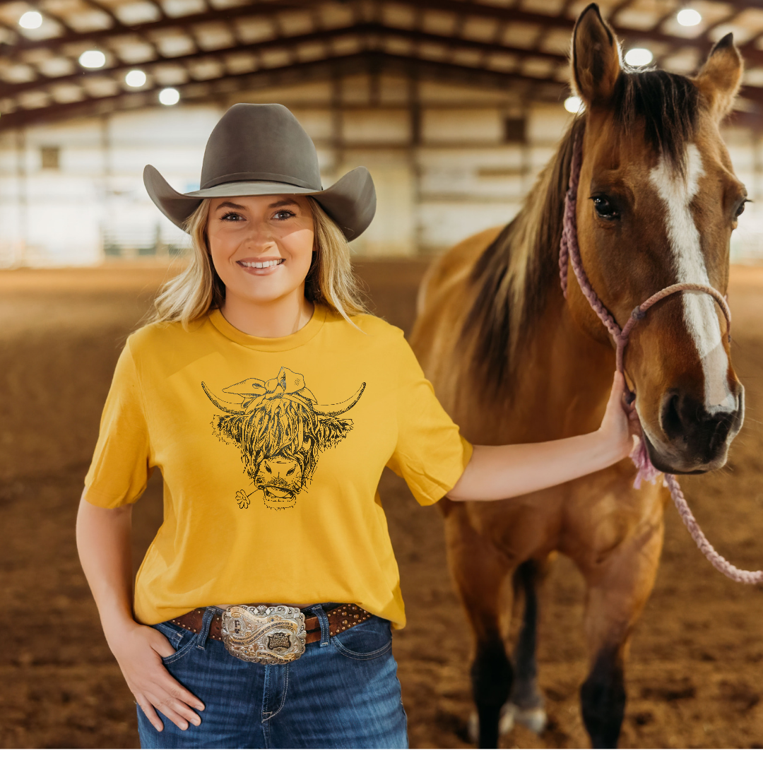 Sunshine Moo Mustard Yellow Highland Cow Western Graphic Tee - Embrace Whimsical Western Charm!