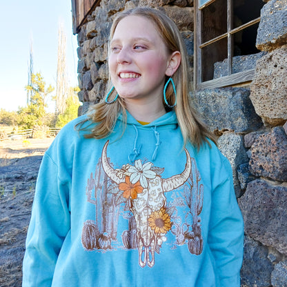 Blue Sage Longhorn Hoodie with Floral, Cactus Design | Western Sweatshirt, Western Gifts, Homesteading Hoodie, Rustic Hoodie