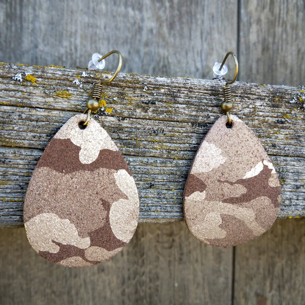 Camo Shimmer - 1.5" Genuine Leather Teardrop Earrings, Chocolate, Navy, Sparkle, Western - Old - Fashioned Girls