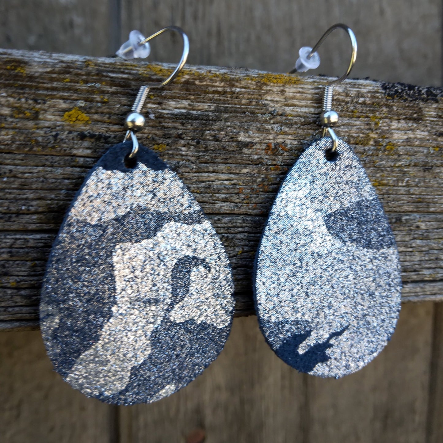 Camo Shimmer - 1.5" Genuine Leather Teardrop Earrings, Chocolate, Navy, Sparkle, Western - Old - Fashioned Girls