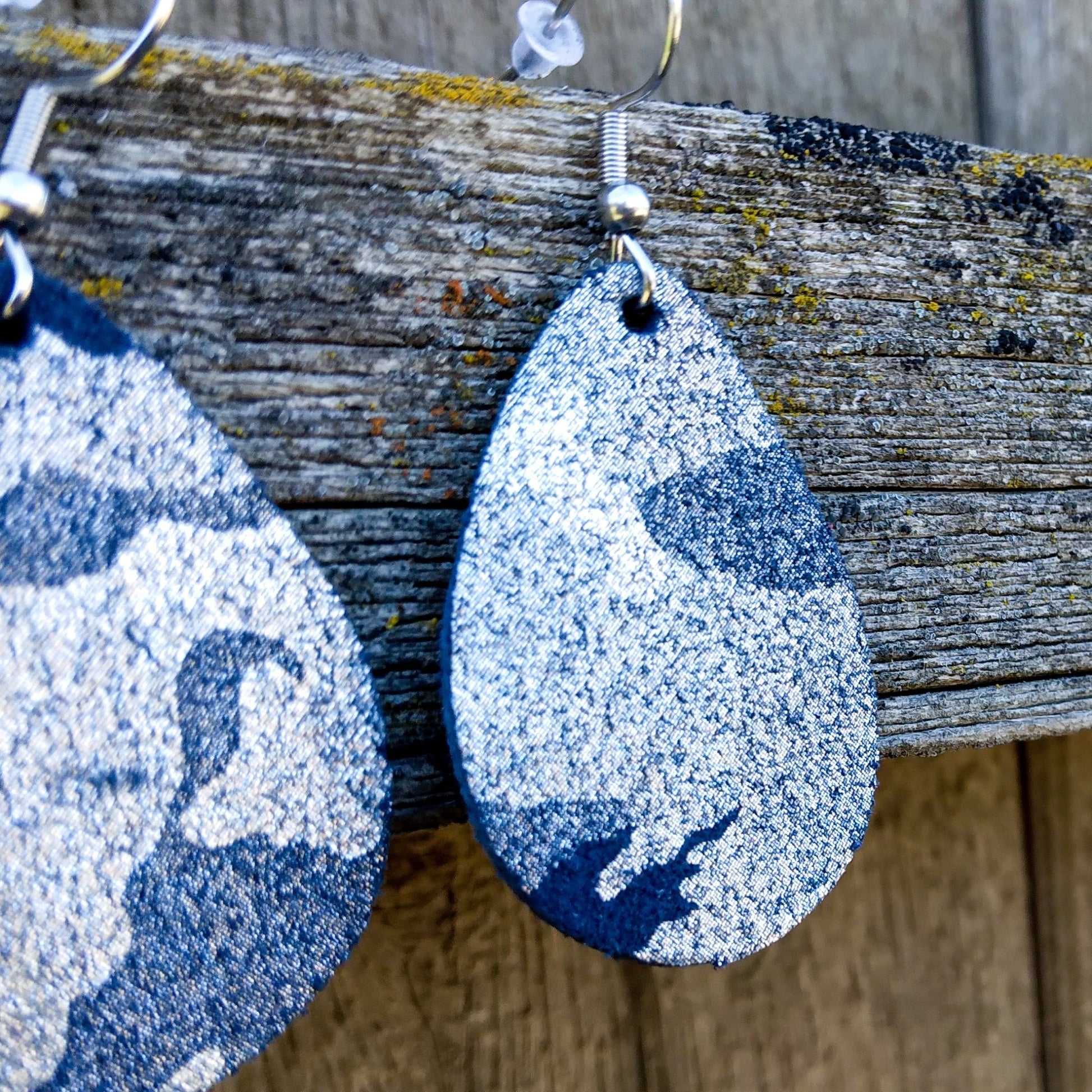 Camo Shimmer - 1.5" Genuine Leather Teardrop Earrings, Chocolate, Navy, Sparkle, Western - Old - Fashioned Girls