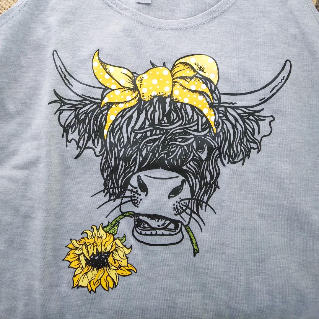 Light Grey Highland Cow With Sunflower Western Tank Top - Old - Fashioned Girls