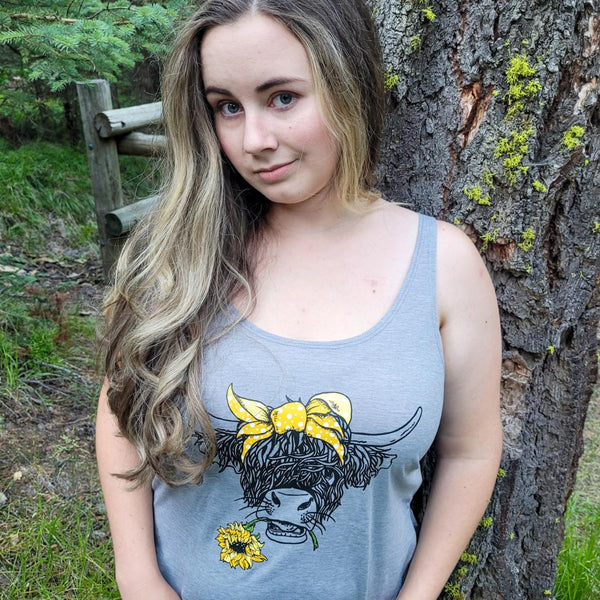 Light Grey Highland Cow With Sunflower Western Tank Top - Old - Fashioned Girls