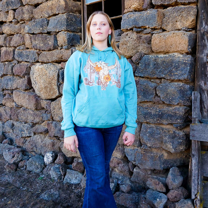 Blue Sage Longhorn Hoodie with Floral, Cactus Design | Western Sweatshirt, Western Gifts, Homesteading Hoodie, Rustic Hoodie