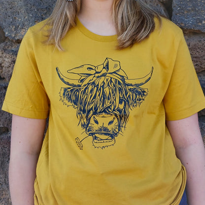 Sunshine Moo Mustard Yellow Highland Cow Western Graphic Tee - Embrace Whimsical Western Charm!