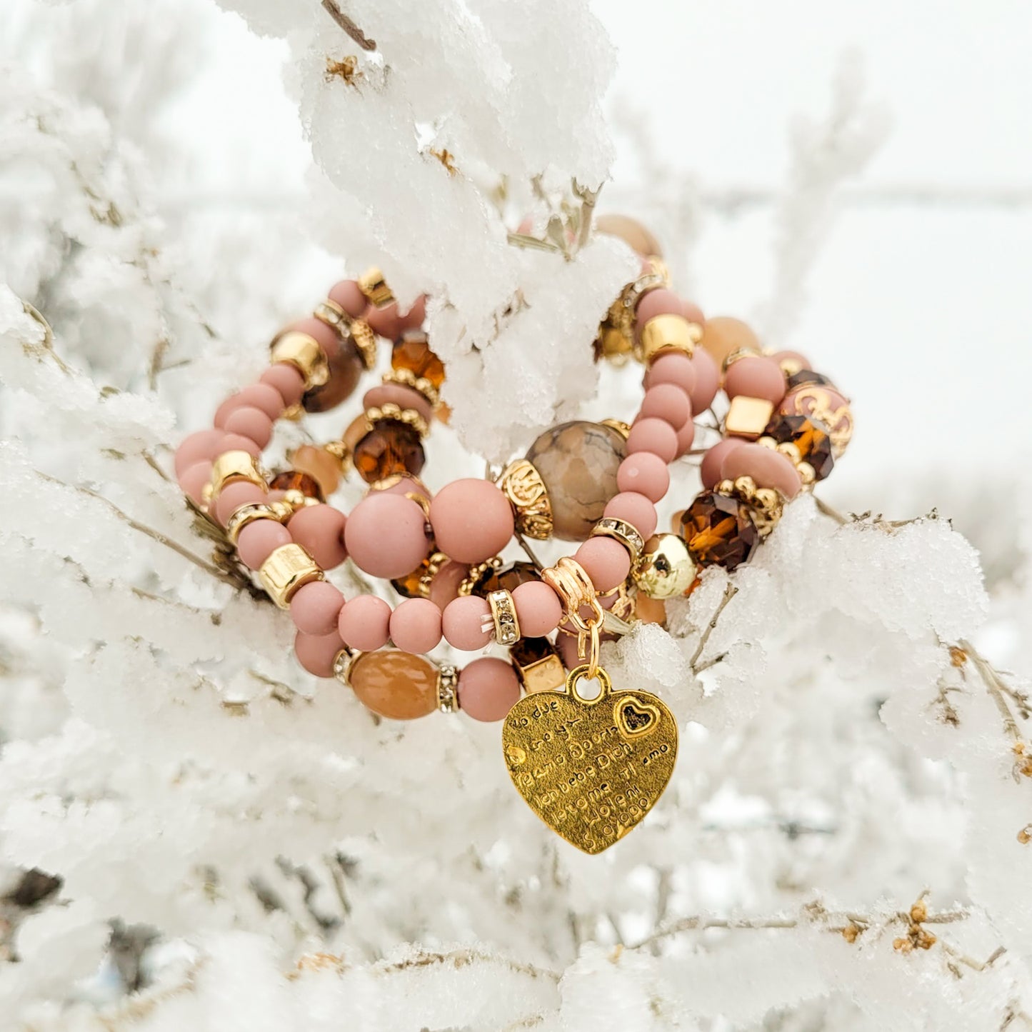 Sweetheart Bracelet - Pink, Beaded, Stacking, Heart Charm