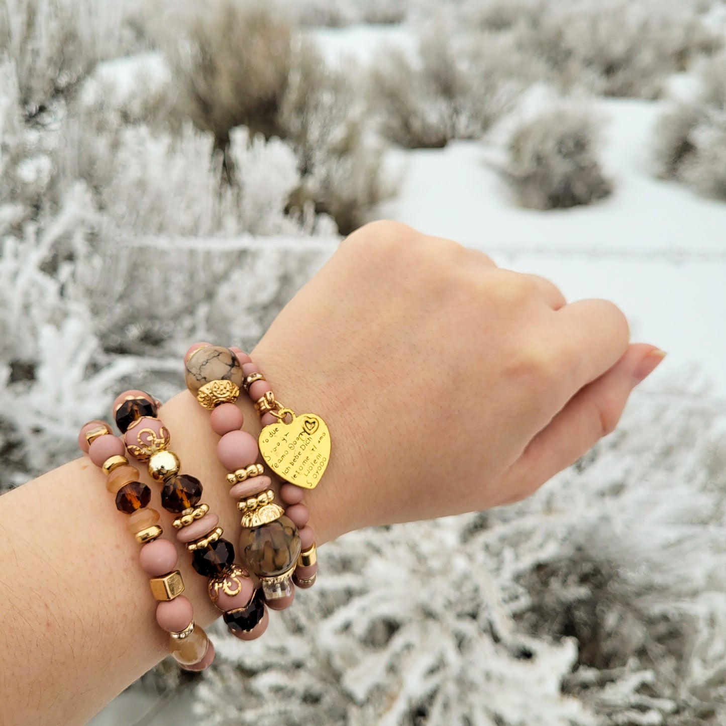 Sweetheart Bracelet - Pink, Beaded, Stacking, Heart Charm