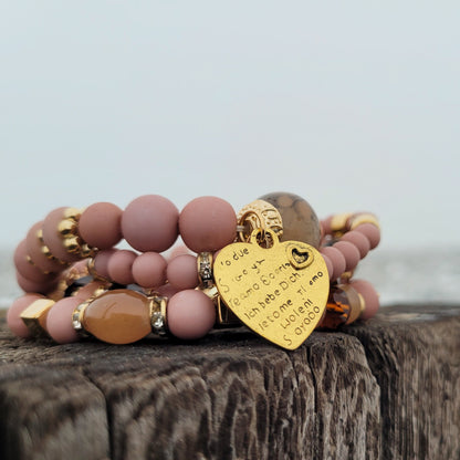 Sweetheart Bracelet - Pink, Beaded, Stacking, Heart Charm