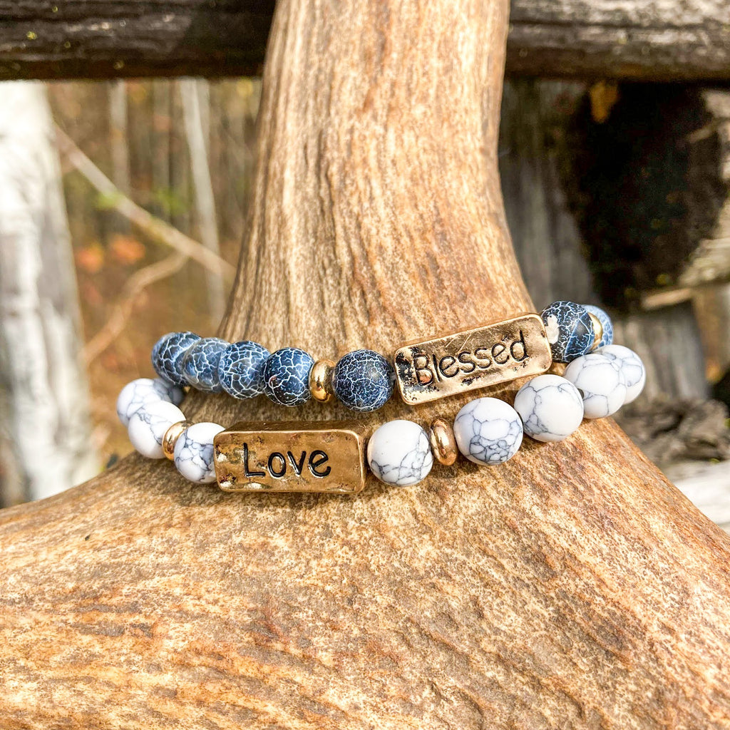 Loved and Blessed Stacking Bracelets - Charms, Stone Beads, Faith
